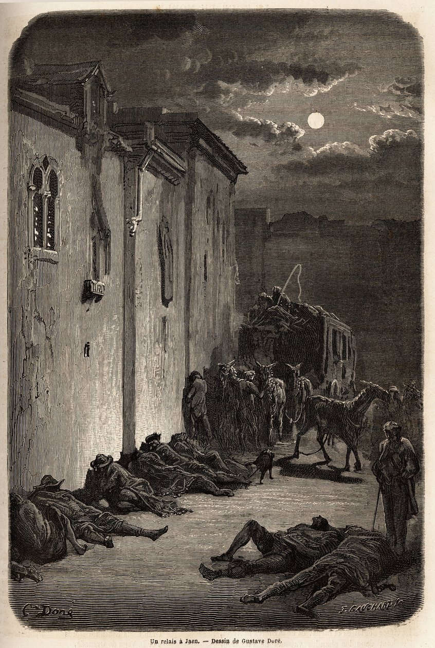 Yksi yö viestissä Jaenissa. Gustave Doren (1832-1883) piirros havainnollistaa hänen matkaansa Espanjaan vuonna 1862 Ch. Davillier. Kaiverrus kirjassa "" Le tour du monde", toimittanut Edouard Charton tekijältä Gustave Dore
