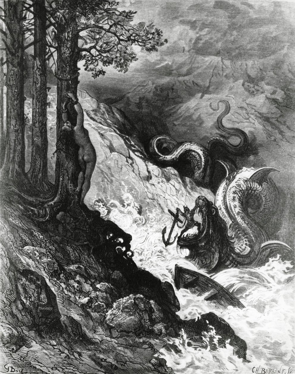 Orlando taistelee örkkiä vastaan, The Frenzy of Orlando, kirjoittanut Paul Gustave Dore, kuvitus tekijältä Gustave Dore