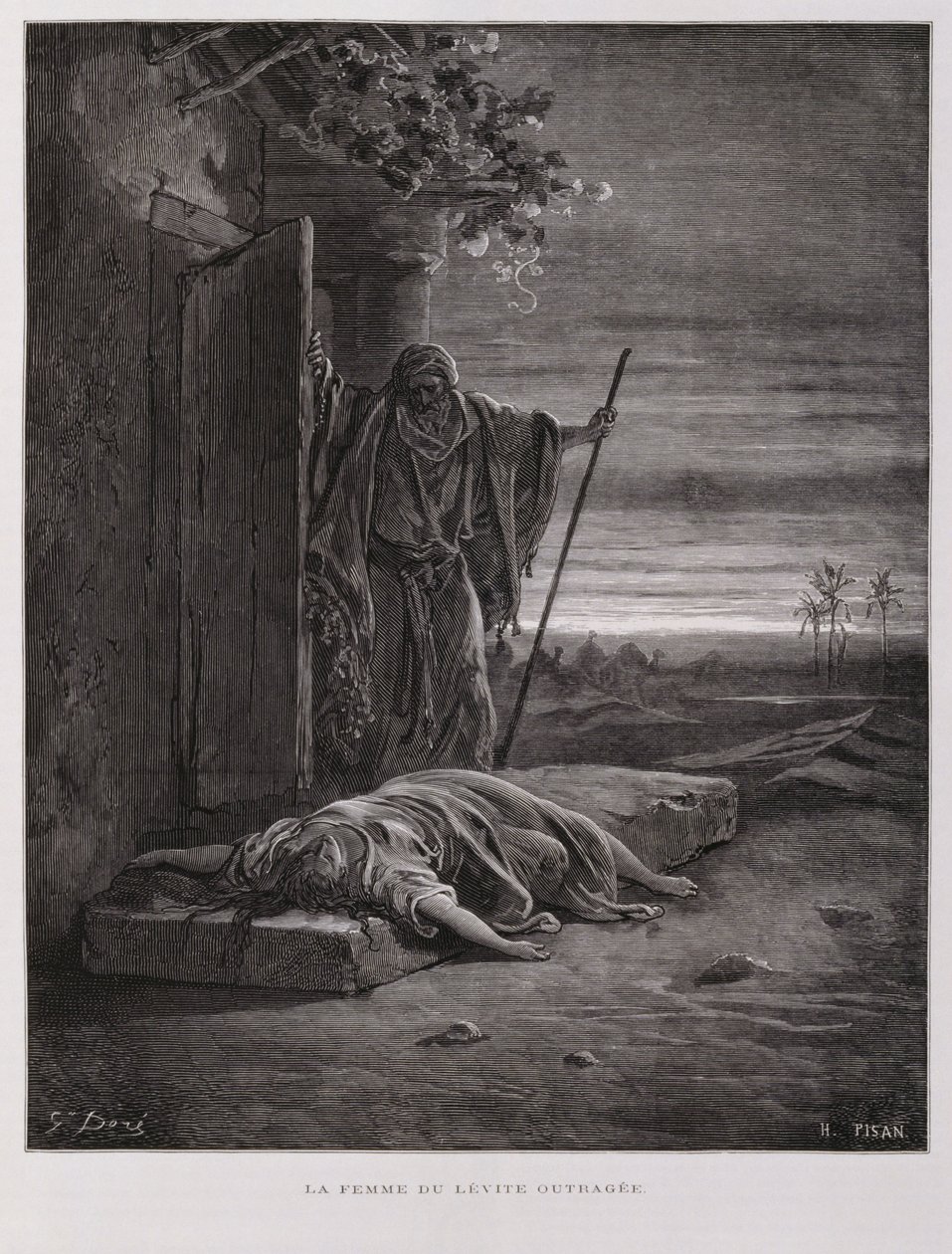 Gibean raivostuminen, leeviläinen kantaa kuolleen jalkavaimonsa pois, kuvitus Dore Bible -teoksesta. tekijältä Gustave Dore