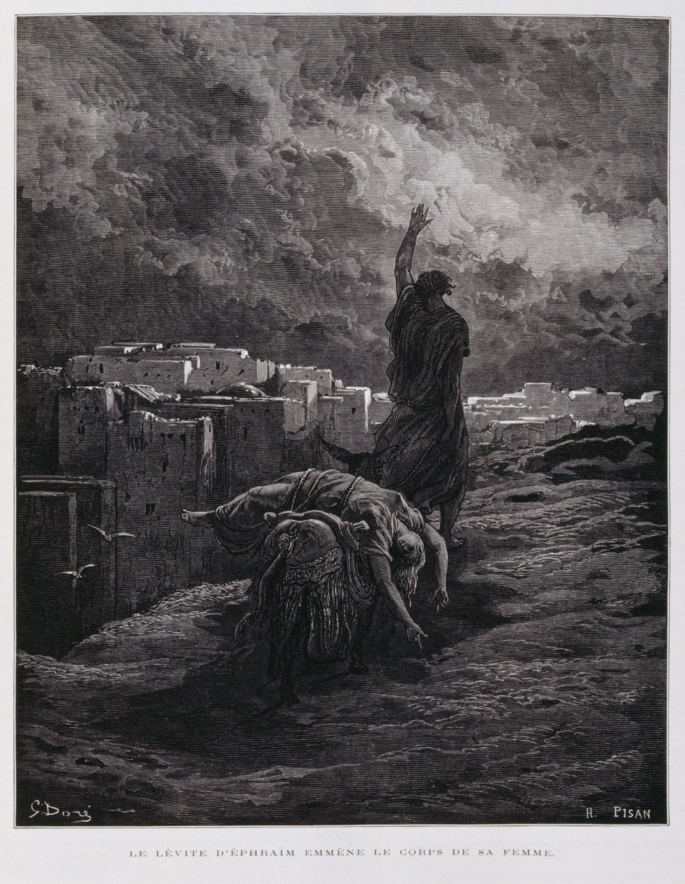 Gibean raivostuminen, leeviläinen kantaa kuolleen jalkavaimonsa pois, kuvitus Dore Bible -teoksesta. tekijältä Gustave Dore
