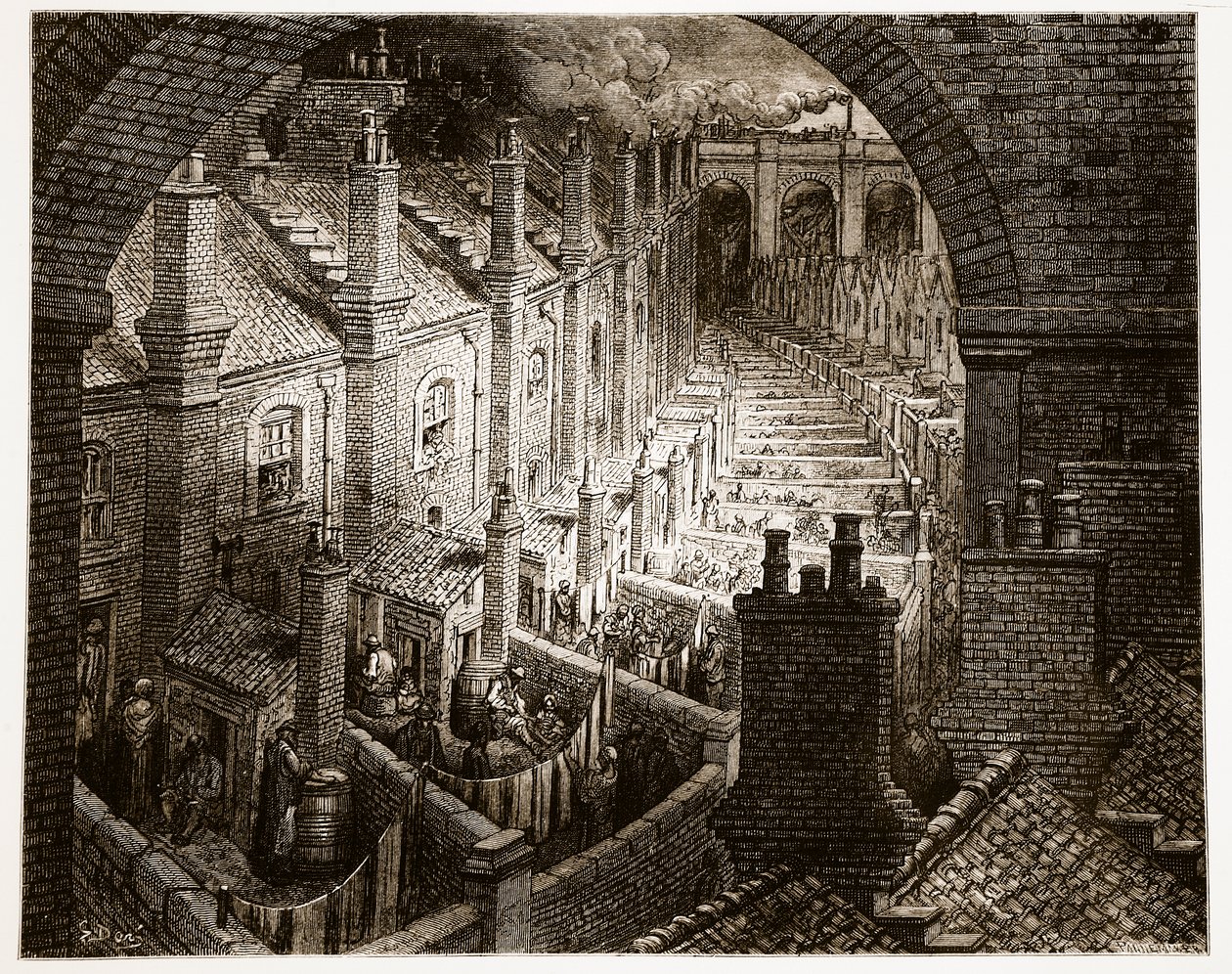 Yli Lontoon - Rautateitse, "London, pyhiinvaellus", kirjoittanut William Blanchard Jerrold (1826-94) ja kaivertanut Pannemaker, pubi. 1872 tekijältä Gustave Dore
