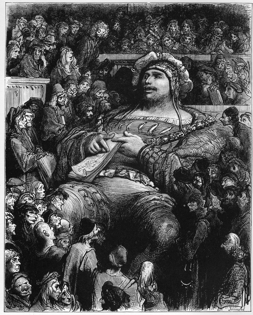 Pantagruel testaa mielensä pariisilaisia tutkijoita vastaan - kuvitus teoksesta "Gargantua ja Pantagruel", kirjoittanut Francois Rabelais - kaiverrus Gustave Doren (1832-1883) tekijältä Gustave Dore