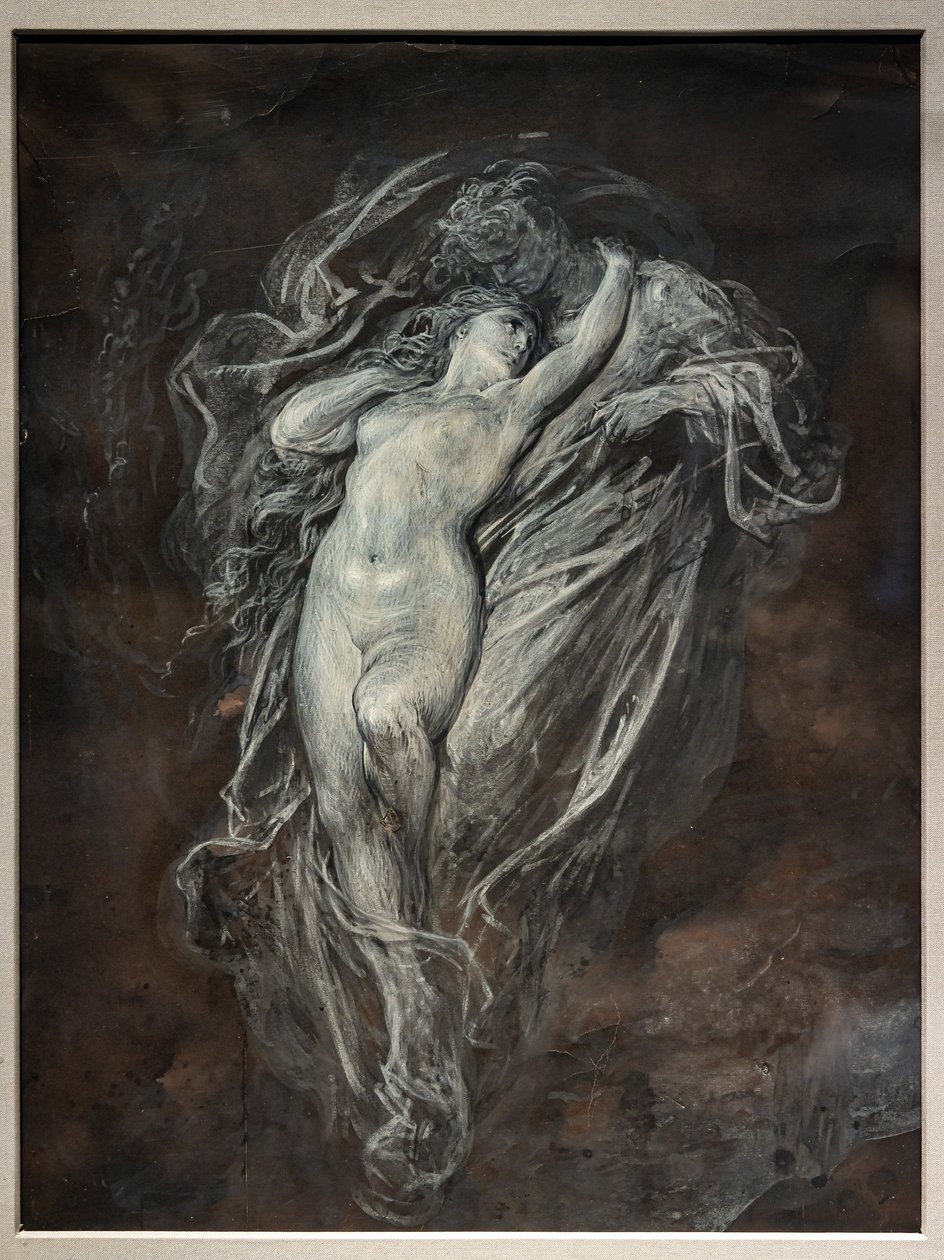 Paolo ja Francesca da Rimini helvetissä, ennen vuotta 1861 (intian tussipesu ja valkoinen tempera ruskealle sävytetylle paperille). tekijältä Gustave Dore