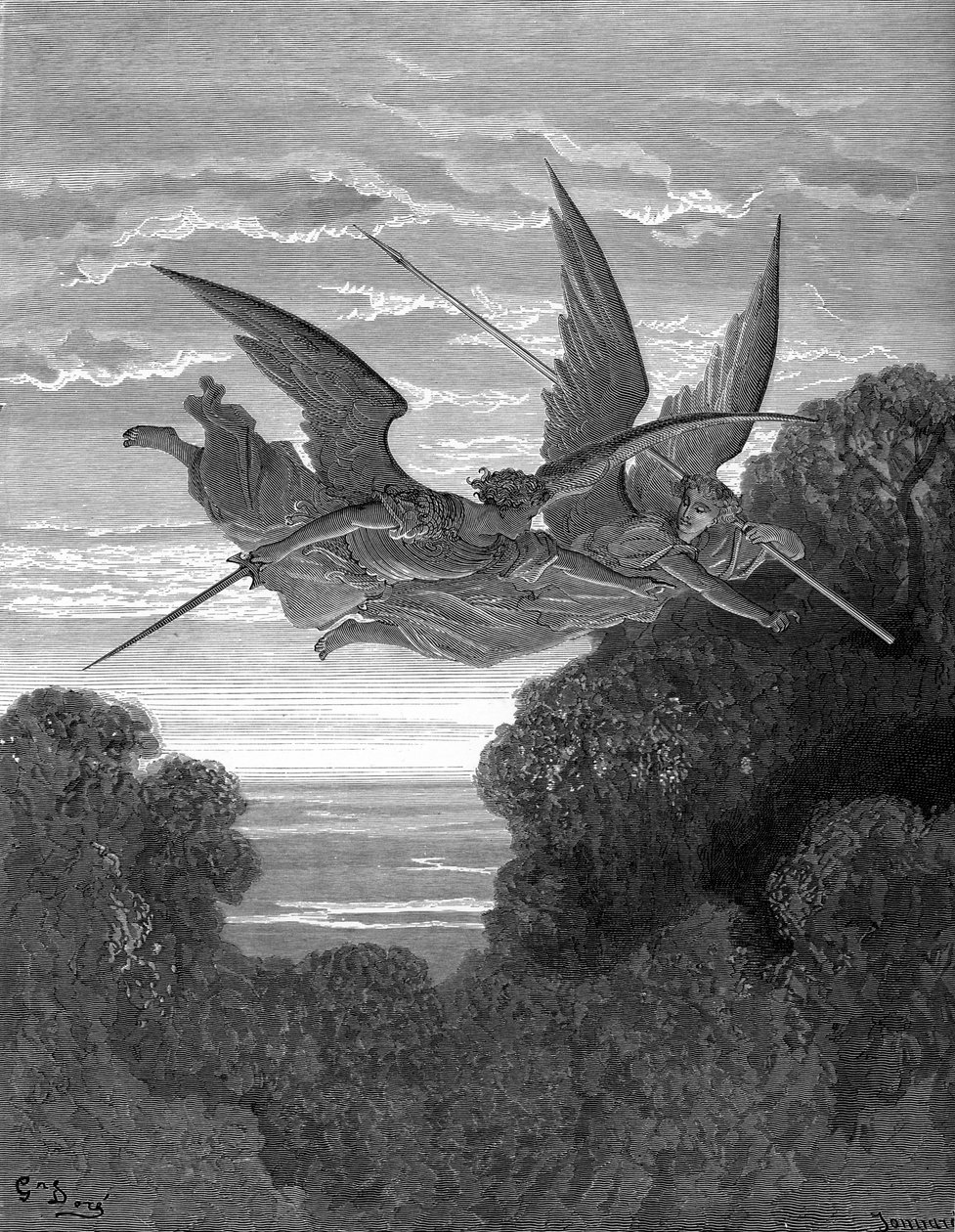 Kadonnut paratiisi: Ithuriel ja Zephon, kirjoittanut Doré. tekijältä Gustave Dore