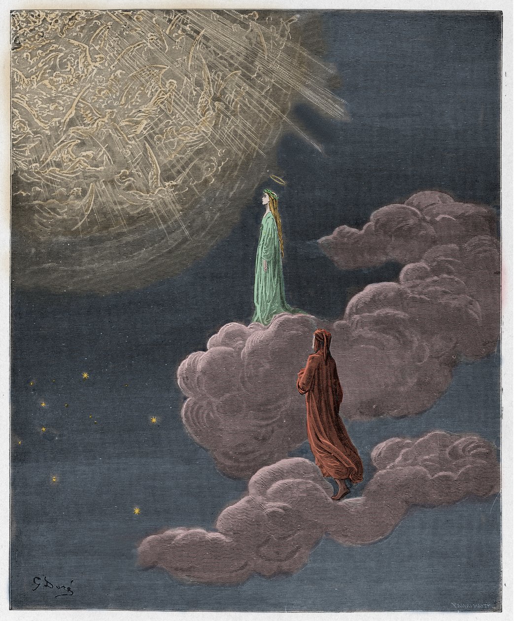 Paradiso, Canto 14: Dante ja Beatrice käännettynä Marsin sfääriin, kuvitus Dante Alighierin "The Divine Comedy" -sarjasta, 1885 tekijältä Gustave Dore