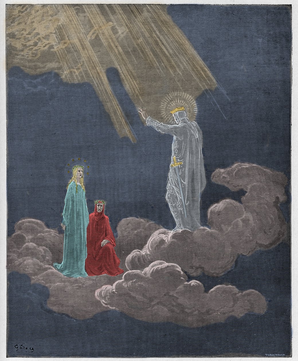 Paradiso, Canto 8 : Charles Martel puhuu Dantelle ja Beatricelle, kuvitus Dante Alighierin jumalallisesta komediasta, 1885 tekijältä Gustave Dore
