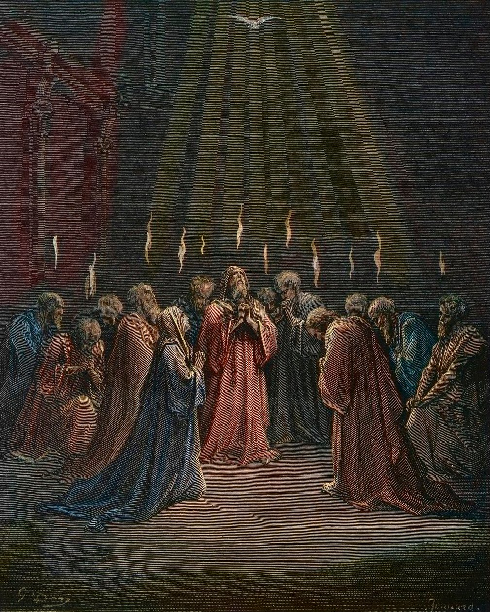 Helluntai - Helluntai (Pyhän Hengen tuleminen) - Helluntai, Pyhän Hengen laskeutuminen, kaiverrus Gustave Dore (1832-1883) - myöhempi väritys tekijältä Gustave Dore