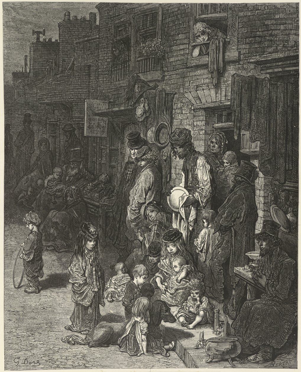 Ihmiset seisovat ja istuvat talojensa ulkopuolella, kadulla, "Lontoo: pyhiinvaellus", kirjoittanut William Blanchard Jerrold tekijältä Gustave Dore