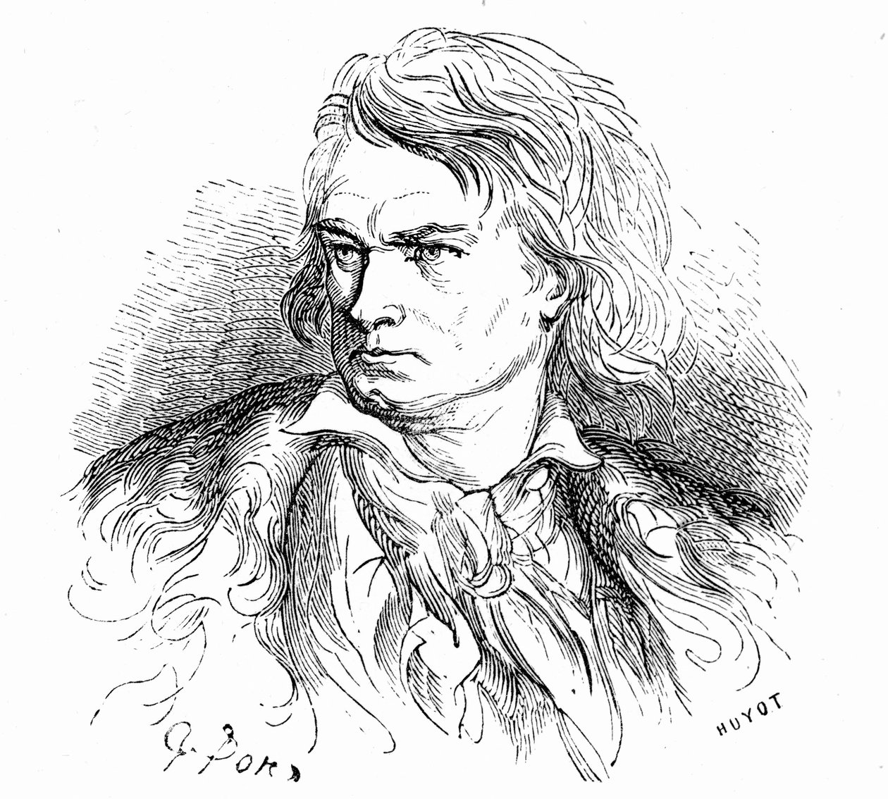 Gustave Doren tekemä Beethovenin muotokuva, noin 1855, Hippolyte Tainen tekstin kuvituksena: "-Mikä on Beethoven "Suuri miesparka, kuuro, rakastunut, väärintunnettu ja filosofi, jonka musiikki on täynnä jättimäisiä tai tuskallisia unelmia." tekijältä Gustave Dore