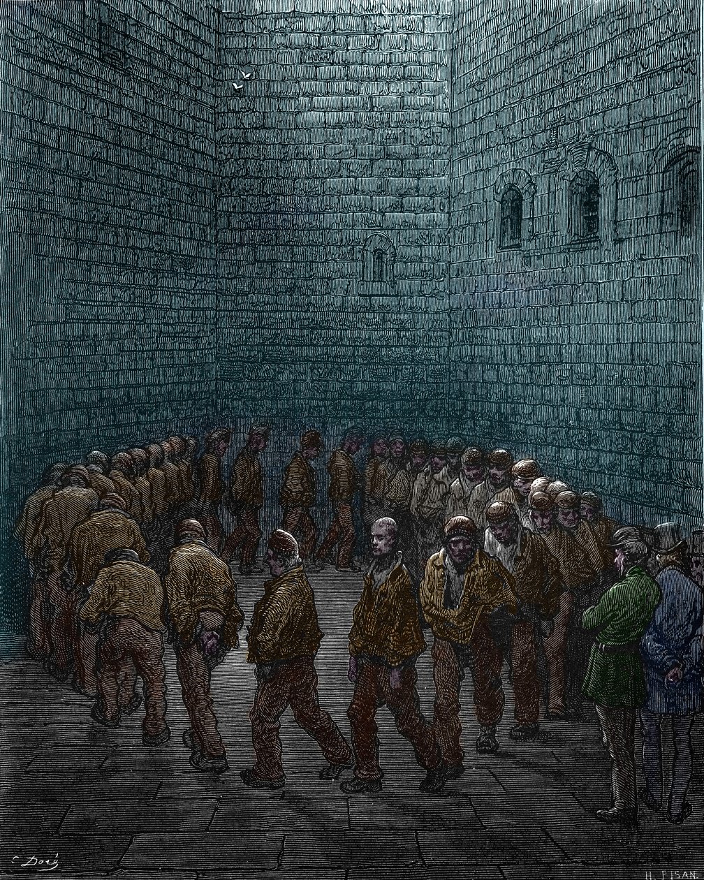 Vangit kiertävät Westgaten vankilan pihalla Lontoossa, Gustave Dore tekijältä Gustave Dore