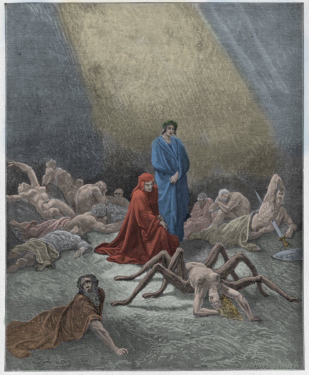 Purgatorio, Canto 12: Dante näkee Arachnen sielun, kuvitus Dante Alighierin "Jumalaisesta komediasta", 1885 tekijältä Gustave Dore