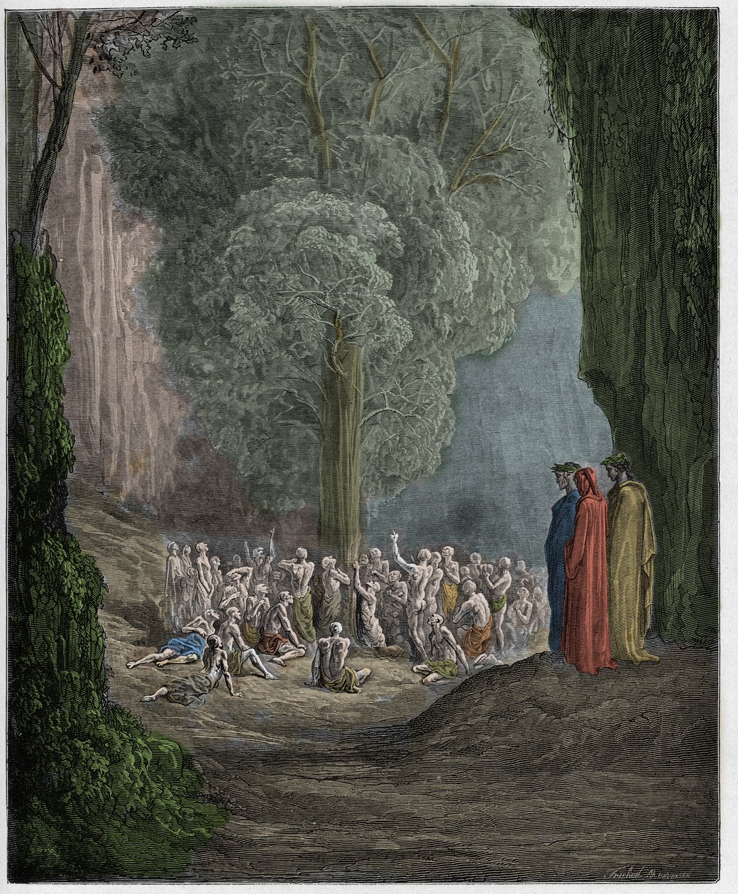Purgatorio, Canto 24: Ahmattiset sielut huutamassa puun alla, kuvitus Dante Alighierin jumalallisesta komediasta, 1885 tekijältä Gustave Dore