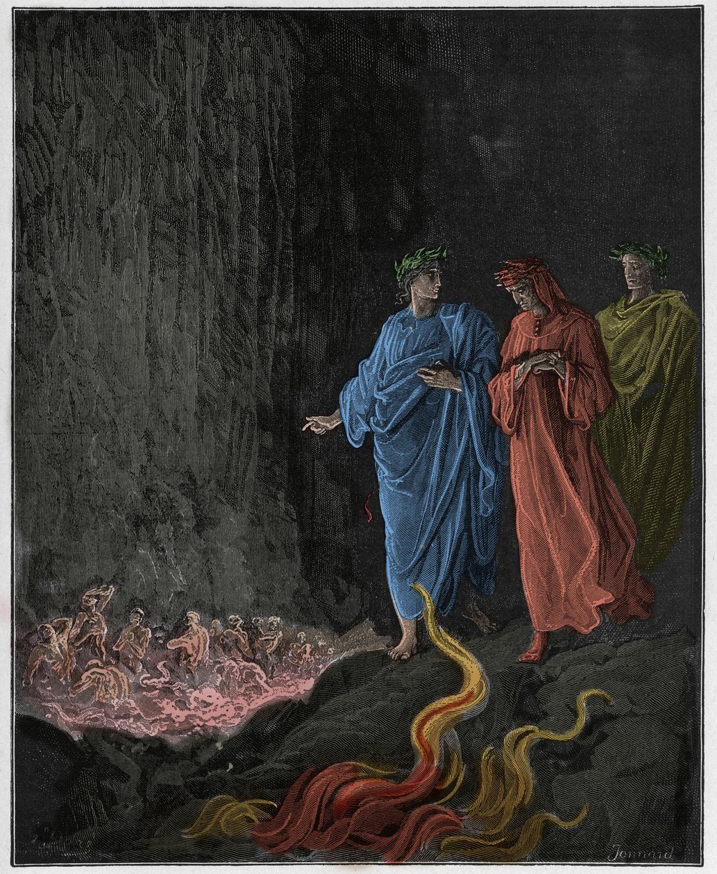 Purgatorio, Canto 25: Runoilijat seitsemännessä ympyrässä, kuvitus Dante Alighierin jumalallisesta komediasta, 1885 tekijältä Gustave Dore