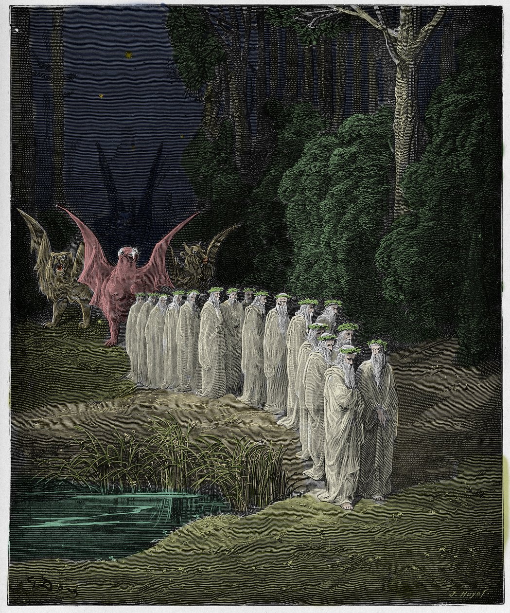 Purgatorio, Canto 29: 24 vanhinta apokalyptisessä kulkueessa, kuvitus Dante Alighierin jumalallisesta komediasta, 1885 tekijältä Gustave Dore