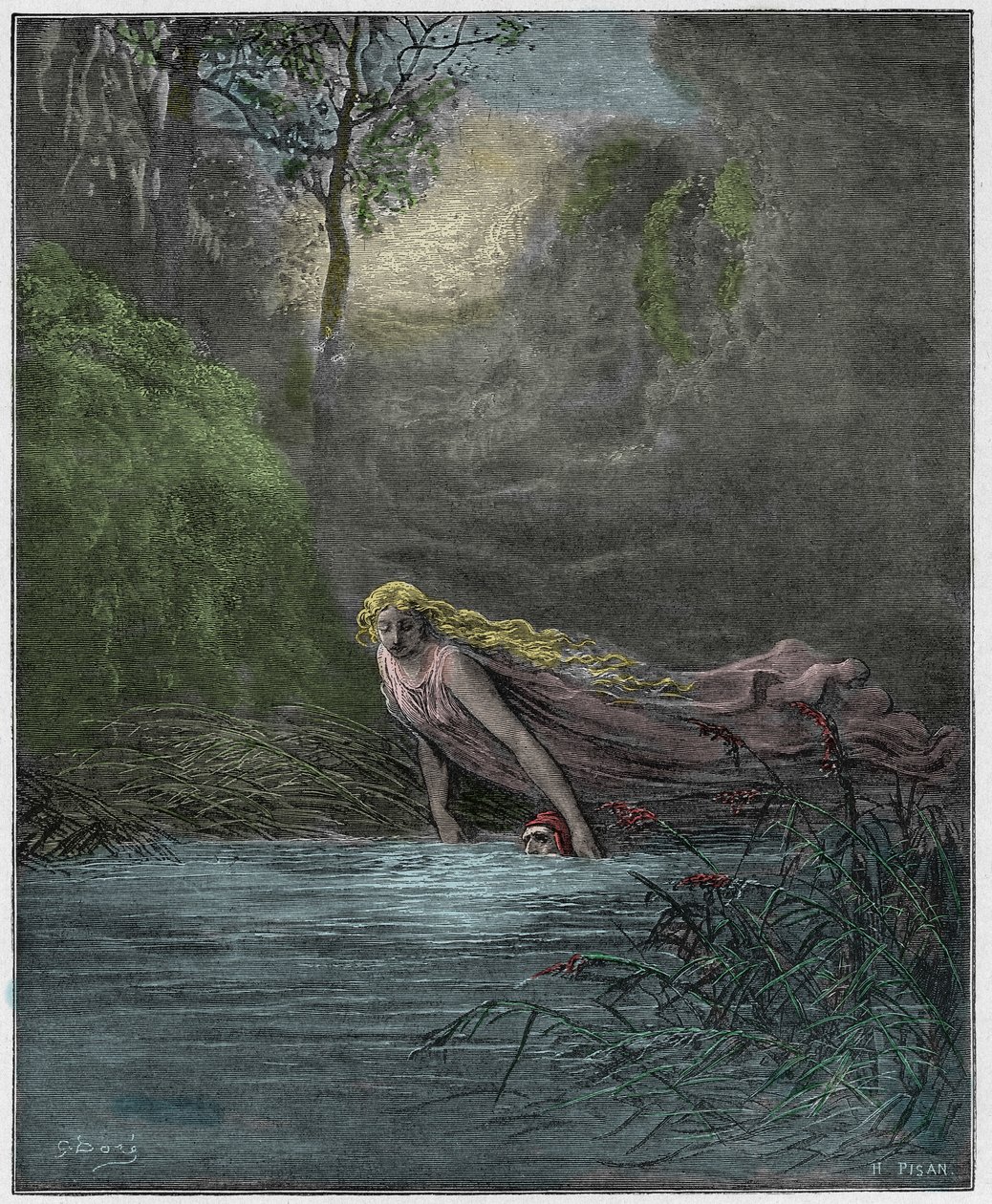 Purgatorio, Canto 31: Dante upotettuna Lethe-jokeen, kuvitus Dante Alighierin jumalallisesta komediasta, 1885 tekijältä Gustave Dore