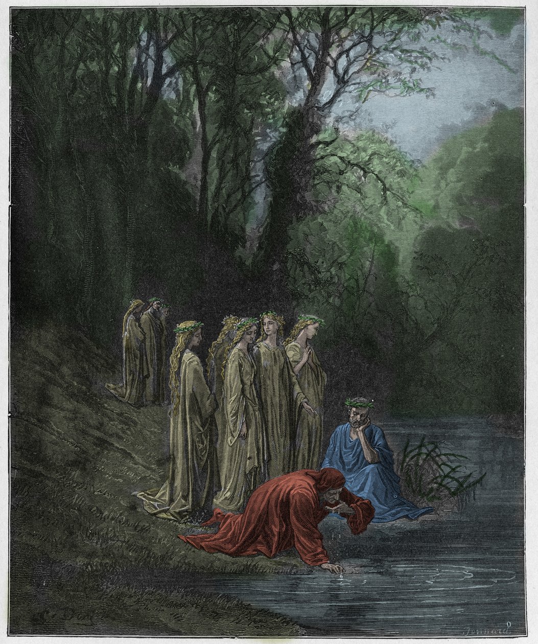 Purgatorio, Canto 33: Dante-juomat Eunoe-joesta, kuvitus Dante Alighierin jumalallisesta komediasta, 1885 tekijältä Gustave Dore