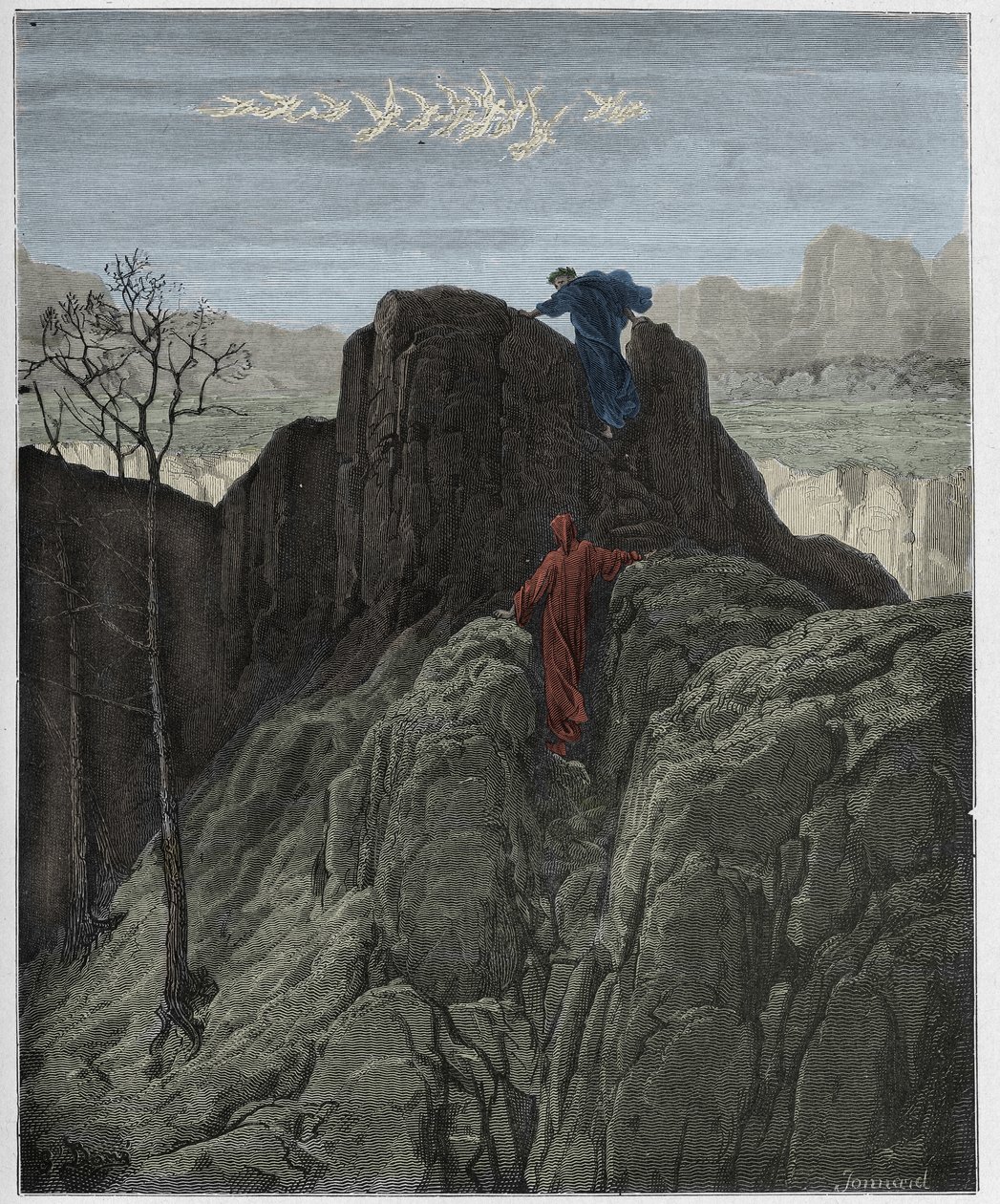 Purgatorio, Canto 4: Vergilius johdattaa Danten ylös karua vuorenrinnettä, kuvitus Dante Alighierin "Jumalaisesta komediasta", 1885 tekijältä Gustave Dore
