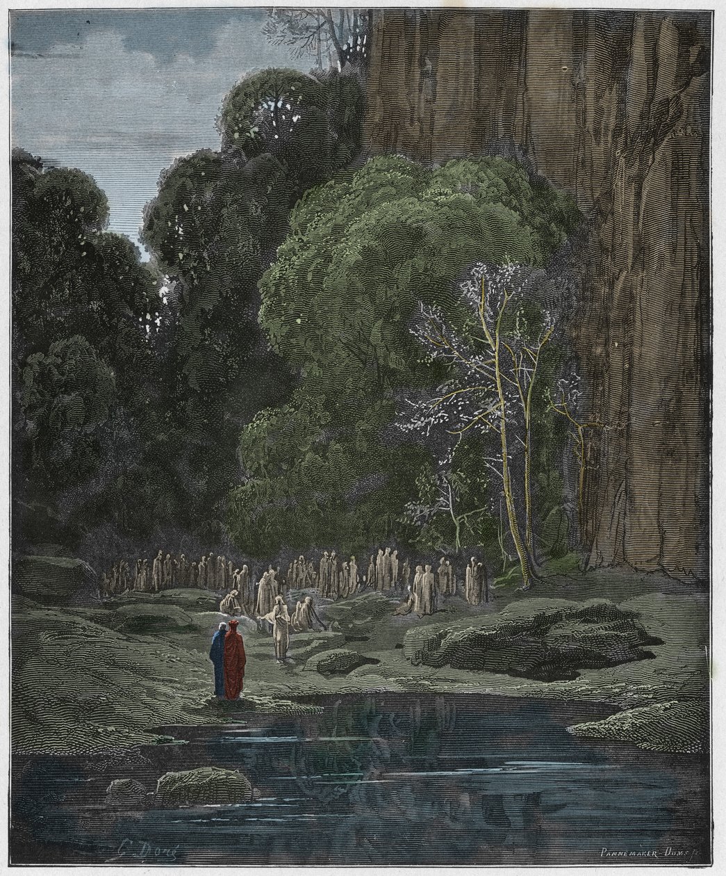 Purgatorio, Canto 5: Myöhäiset parannuksentekijät laulamassa Miserereä, kuvitus Dante Alighierin "Jumalaisesta komediasta", 1885 tekijältä Gustave Dore