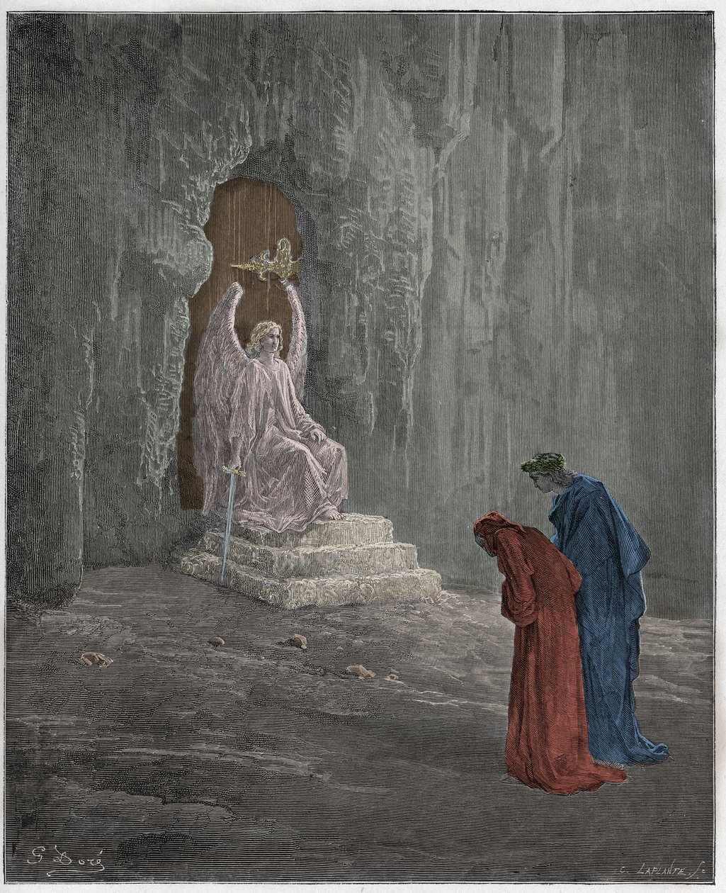 Purgatorio, Canto 9 : Dante ja Vergilius Kiirastustuloksen portaaleissa, kuvitus Dante Alighierin jumalallisesta komediasta, 1885 tekijältä Gustave Dore