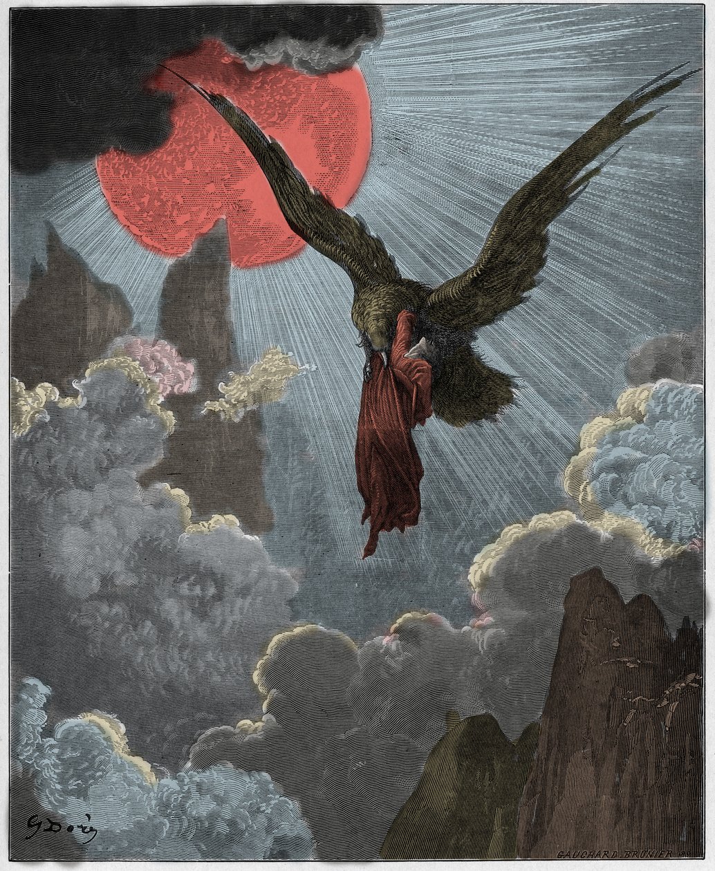 Purgatorio, Canto 9: Kotka kantaa unessa Danten pois, kuvitus Dante Alighierin jumalallisesta komediasta, 1885 tekijältä Gustave Dore