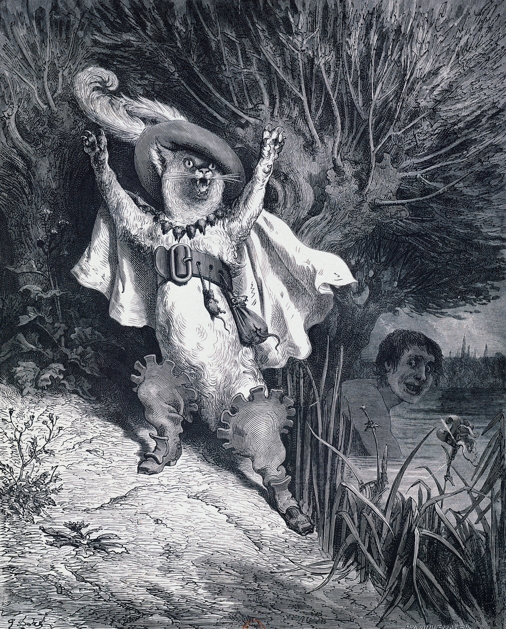 Puss in Boots, kuvitus Gustave Doren (1832-1883) Charles Perraultin (1628-1703) sadulle tekijältä Gustave Dore