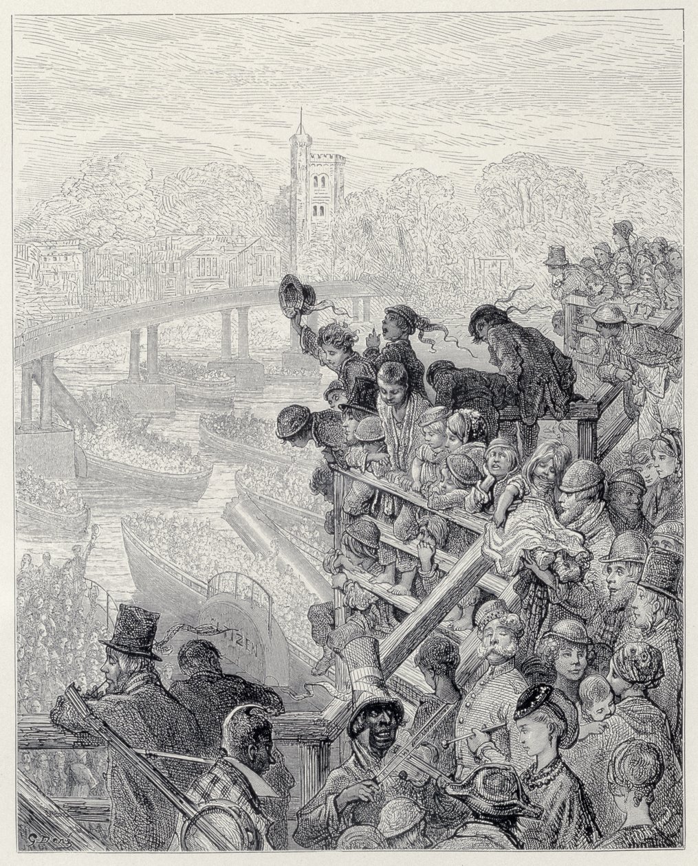 Putney Bridge - The Return, "Lontoo, pyhiinvaellus", kirjoittanut William Blanchard Jerrold (1826-84), kaivertanut Henri-Theophile Hildibrand (1824-97), pub. 1872 tekijältä Gustave Dore