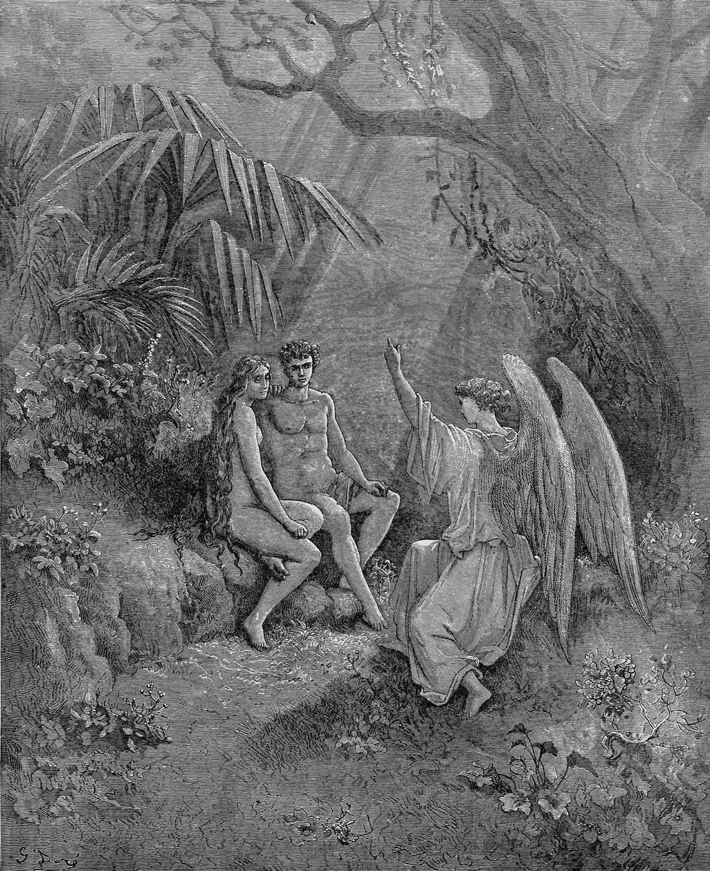 Rafael puhuu Aadamin ja Eevan kanssa. Kuvitus John Miltons Paradise Lostille, 1866 tekijältä Gustave Dore
