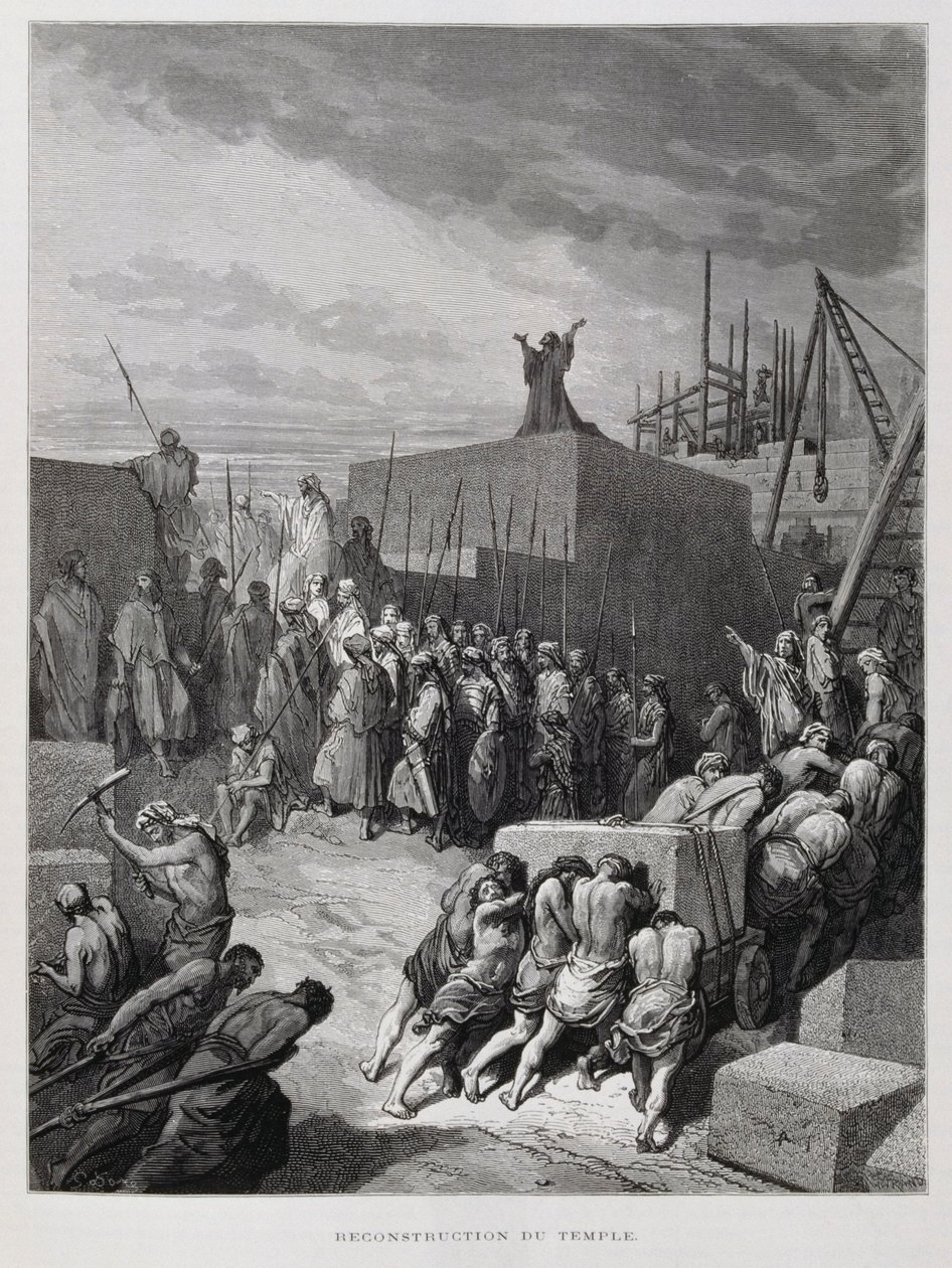 Jerusalemin temppelin uudelleenrakentaminen, kuvitus Doren Raamatusta. tekijältä Gustave Dore
