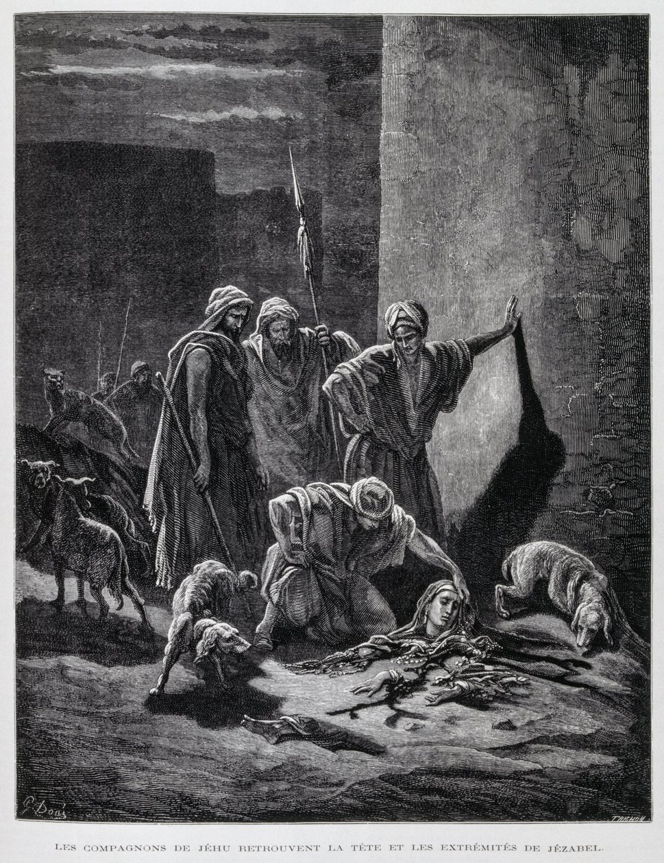 Kuningatar Iisebelin jäännökset sen jälkeen, kun hänet oli heitetty palatsin ikkunoista, kuvitus Doren Raamatusta. tekijältä Gustave Dore