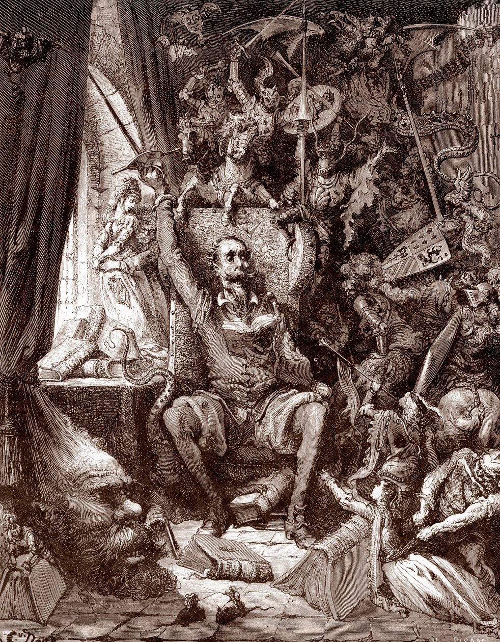 Don Quijoten esitys hänen kirjastossaan, jota ympäröivät hänen kirjojensa olennot Gustave Doren (1832-1883) kaiverrus Miguel de Cervantesin (1547-1616) "L