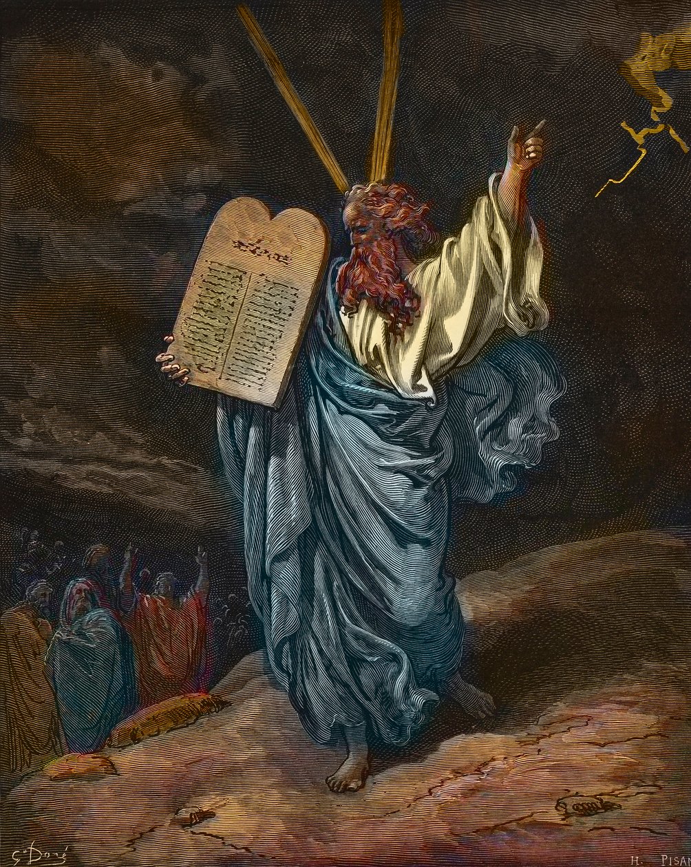 Mooseksen esitys uusien lakitaulujen kanssa Siinain vuorella - kaiverrus Gustave Doren (1832-1883) - myöhempi väritys tekijältä Gustave Dore