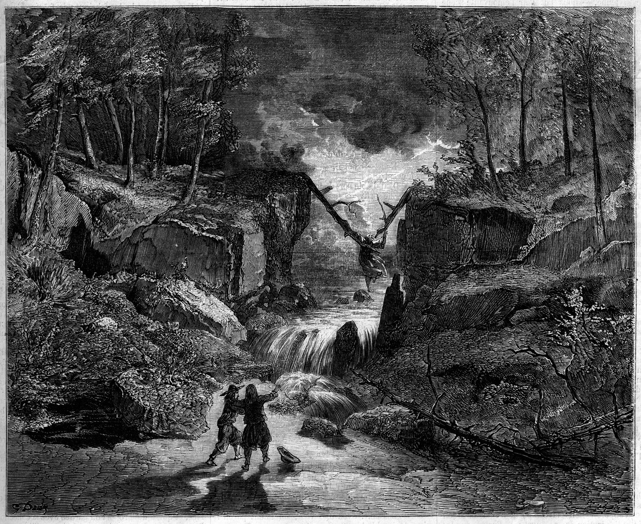 Oopperan esitys: hullu hauta torrentissa - Viimeinen kohtaus, "Pardon de Ploermelin" II näytös, koominen ooppera vuodelta 1859 Michel Carren (1819-1872) ja Jules Barbierin (1822-1901) libretolla ja Giacomo Meyerbeerin (1791-1864) musiikki - Teatteri tekijältä Gustave Dore