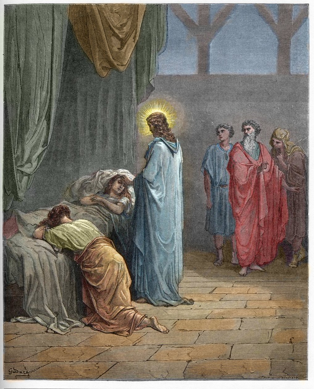 Jairen tyttären ylösnousemus - Jairuksen tyttären kasvattaminen (Jeesus kasvattaa Jairuksen tytärtä) - Gustave Doren (1832-1883) kaiverrus "" The Bible illustree" -kirjaan - Kaiverrus "" The Dore Biblesta"" tekijältä Gustave Dore