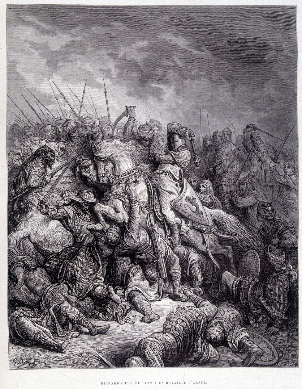 Richard Heart of Lion Arsurin taistelussa – Gustave Dorén kaiverrus tekijältä Gustave Dore
