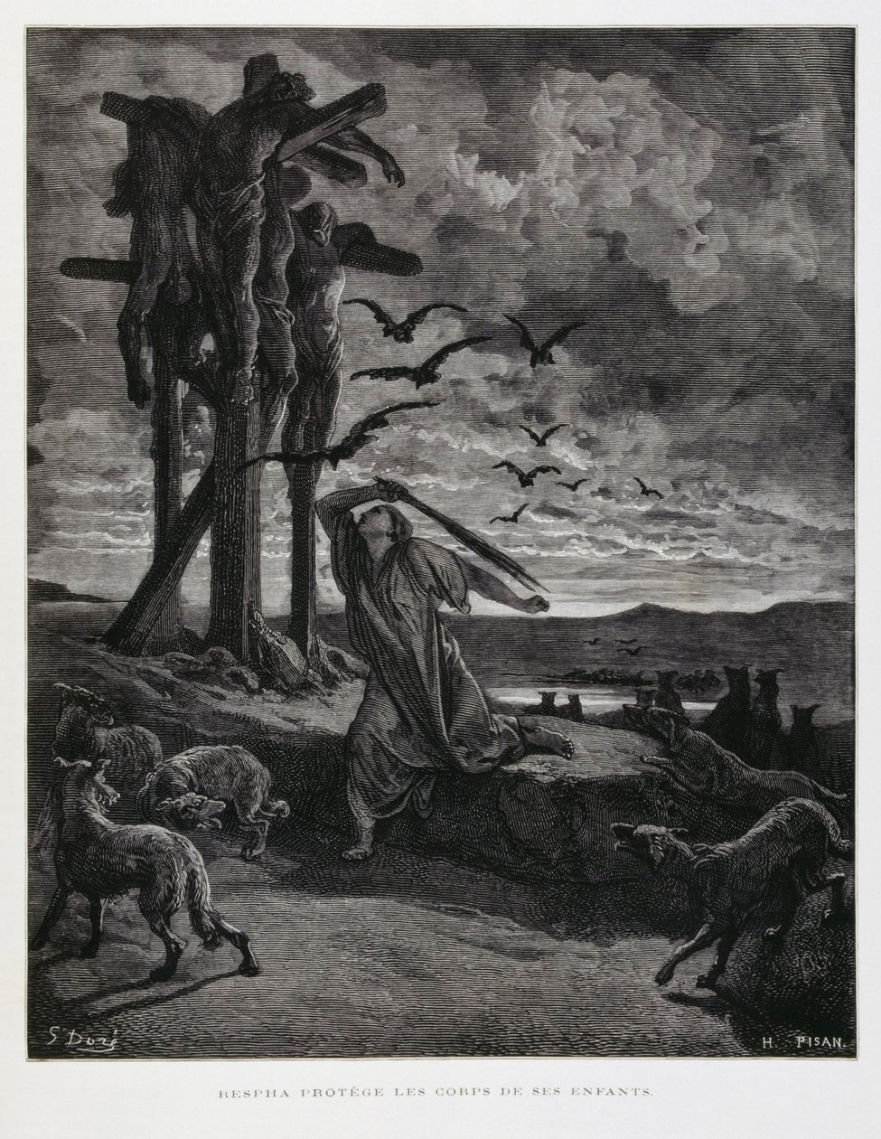 Rizpa estää villipetoja häpäisemästä kuolleiden poikiensa ruumiita, kuvitus Doren Raamatusta. tekijältä Gustave Dore