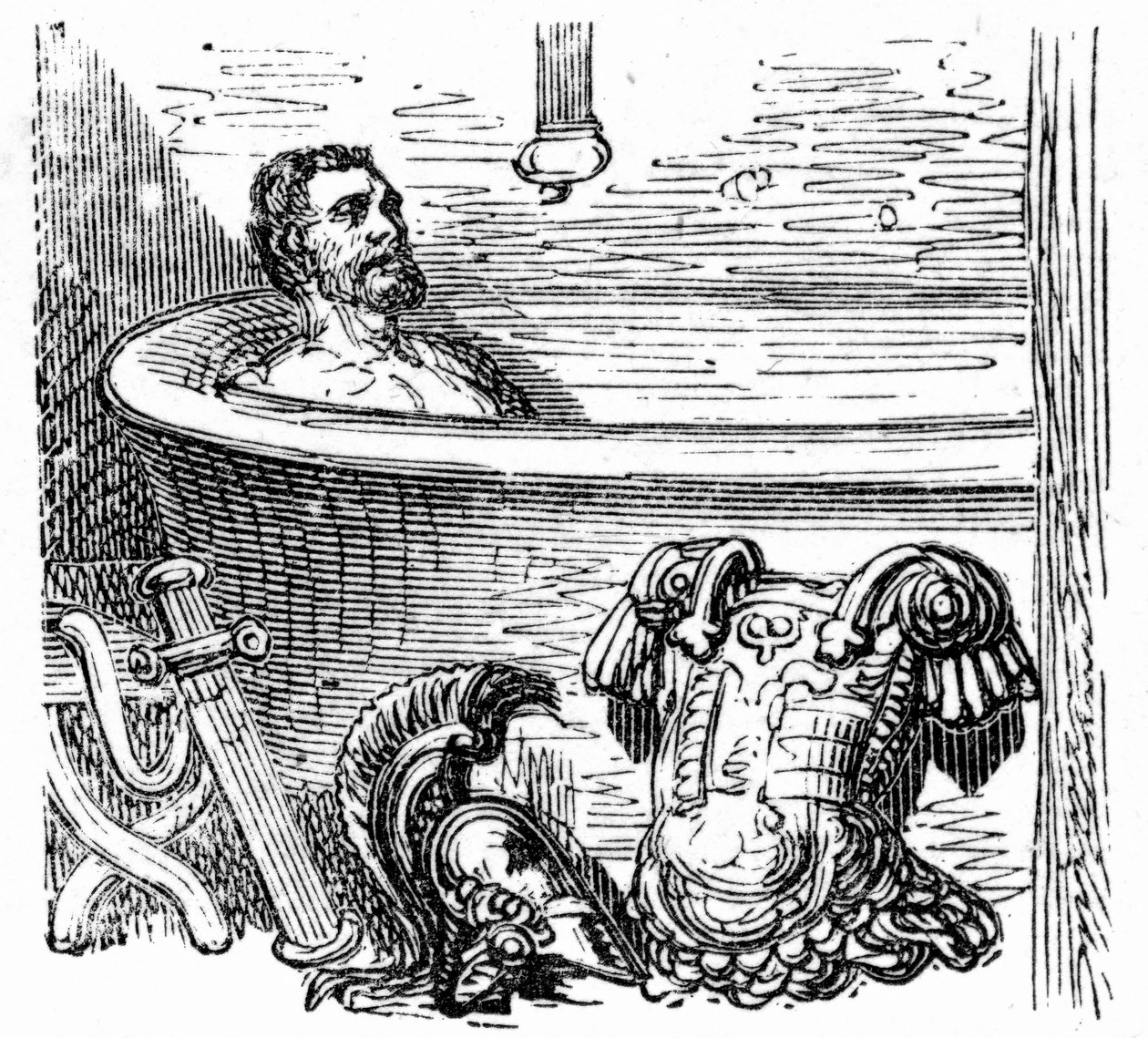 Roomalainen sotilas uimassa Bagneres de Bigorren kylpylässä: Gustave Doren kaiverrus, joka kuvittaa Hippolyte Tainen kirjaa "Voyage aux Pyrenees", Hachette 1860. tekijältä Gustave Dore