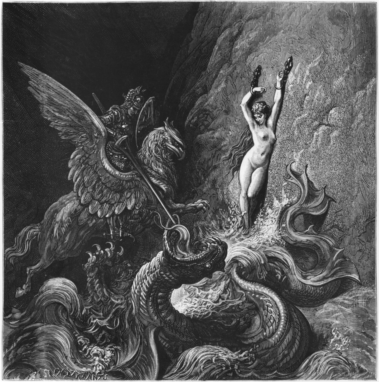 Ruggiero pelastamassa Angelicaa, Ludovico Arioston (1474-1533) Orlando Furioson kantosta X, julkaistu 1888, Pariisi (kaiverrus) tekijältä Gustave Dore