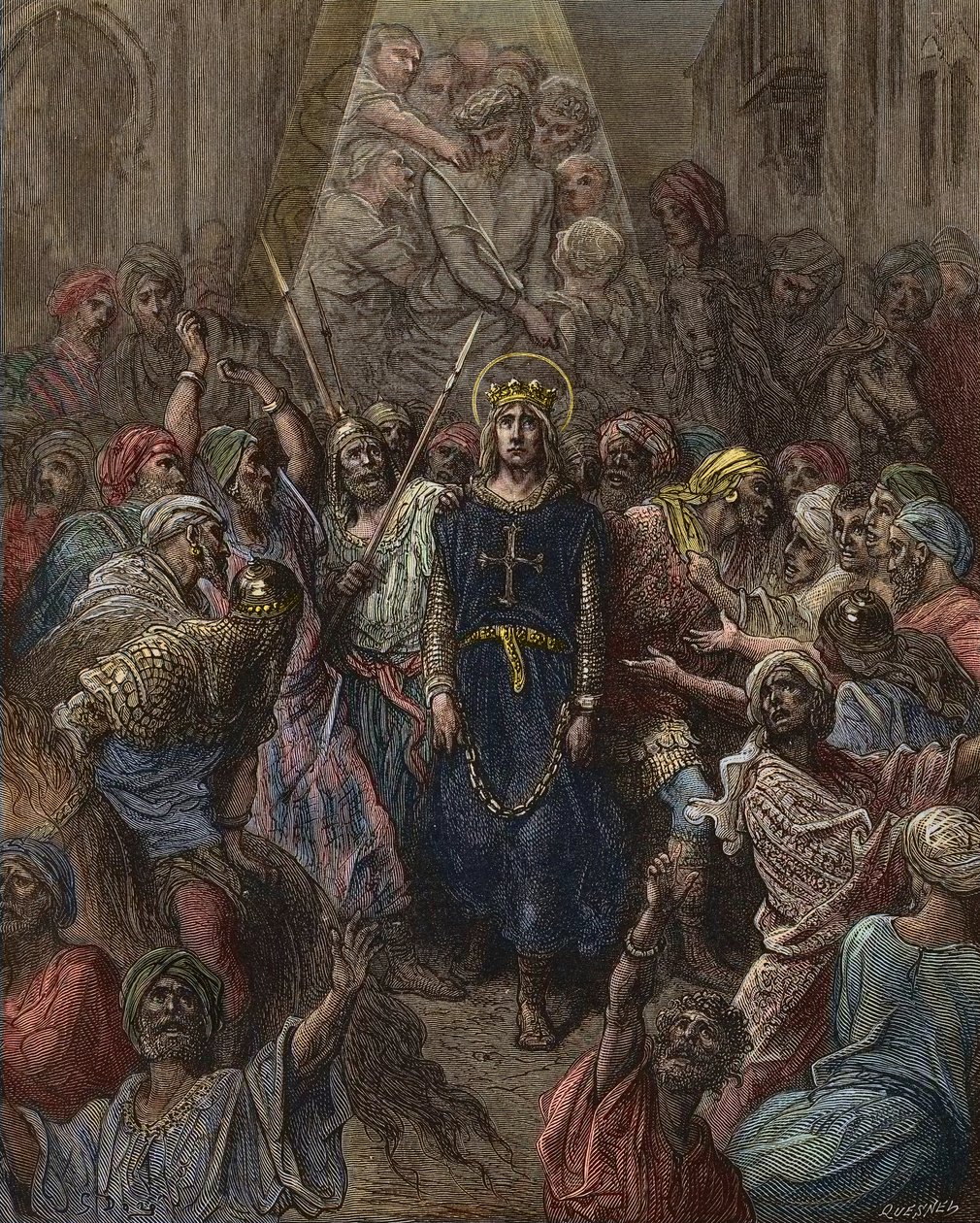Saint Louis vangittiin Mansourassa, 7. ristiretken aikana 1250 - kuningas Ludvig IX (1214-70) vanki Egyptissä - Gustave Doren kaiverrus - Joseph-Francois Michaudin Ristiretkien historiasta tekijältä Gustave Dore
