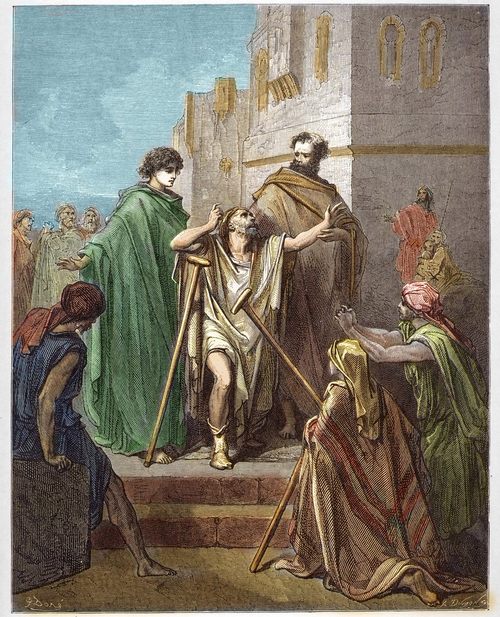 Pyhä Pietari ja pyhä Johannes parantavat terää - Ontuvan Guerison - Pyhä Pietari, pyhän Johanneksen seurassa, taisteli ihmeellisesti rampaa miestä vastaan Jerusalemissa - - kaiverrus Gustave Doren (1832-1883) "The Bible illustree" -kirjaan - Kaiverrus aihe tekijältä Gustave Dore