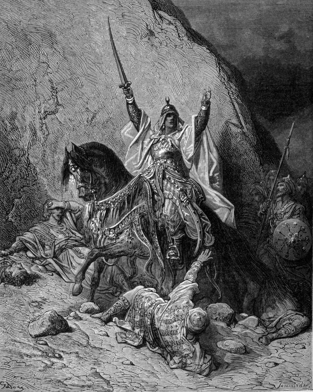Saladin (1138-1193) (Salah al Din Yusuf al-Ayyubi (al Ayyubi) joukkojensa kärjessä risteyksiä vastaan - kaiverrus Gustave Dore tekijältä Gustave Dore