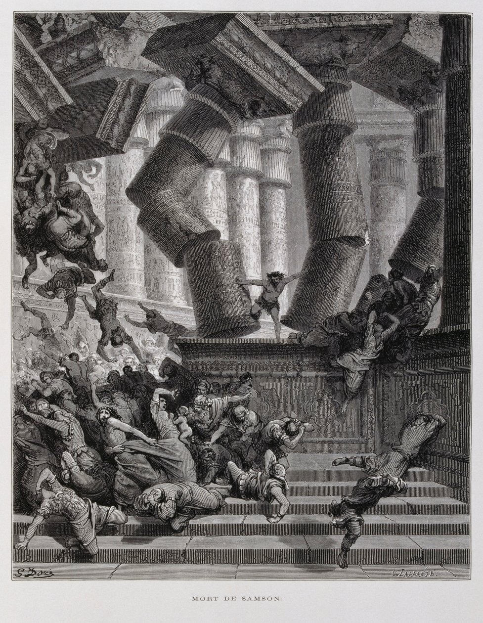 Simson tuhoaa Baalin temppelin, kuvitus Dore Bible -teoksesta. tekijältä Gustave Dore