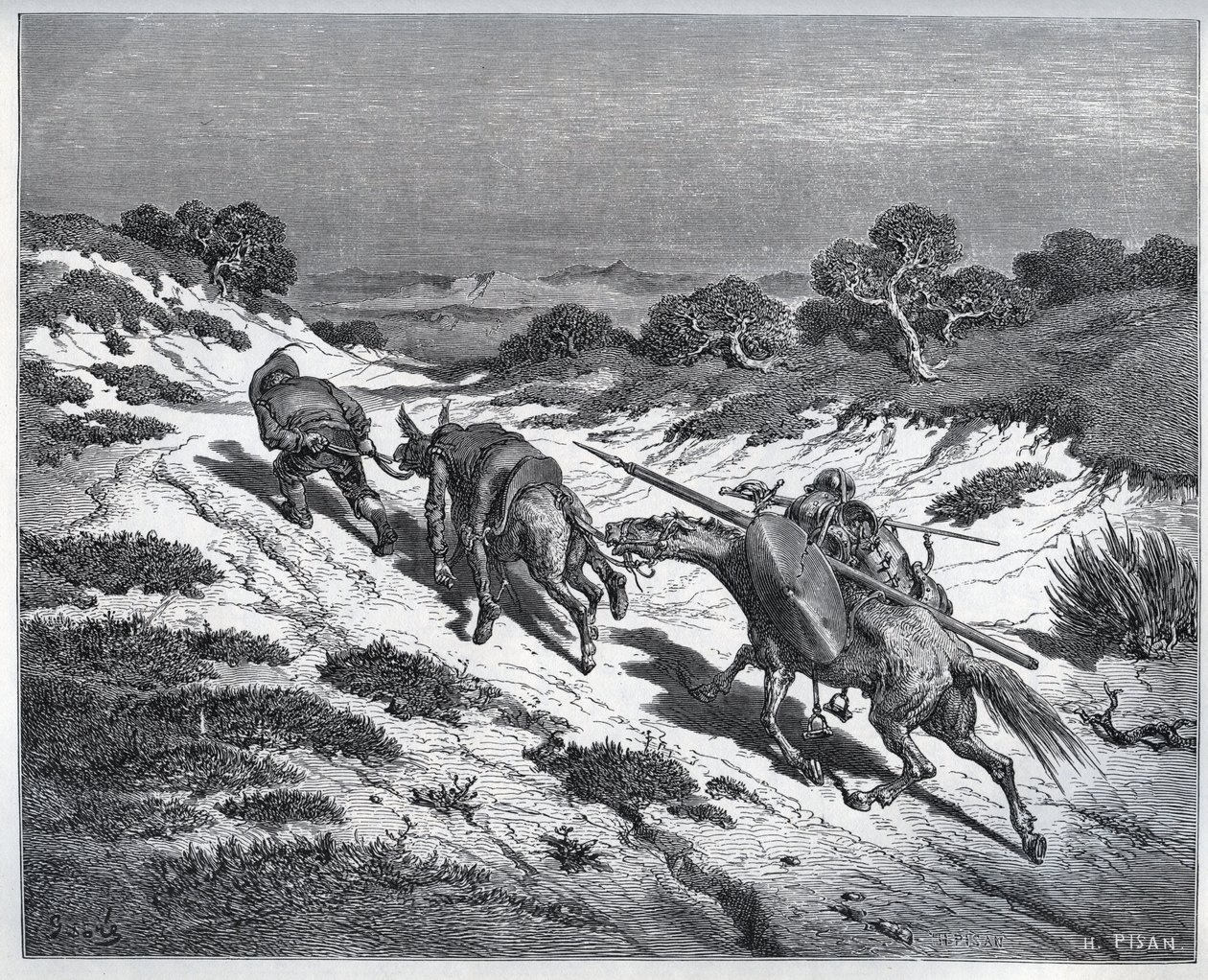 Sancho Panza, Don Quijote ja heidän jalkansa tappion jälkeen Yangereja vastaan - Miguel Cervantesin (1547-1616) "Don Quijote de la Mancha" (Don Quijote) - Gustave Doren piirtämän puupiirros tekijältä Gustave Dore