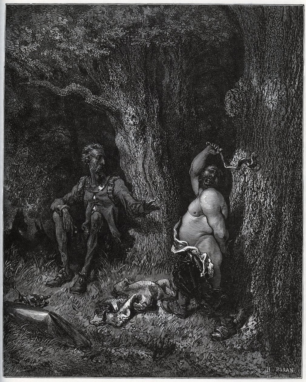 Sancho Panza lentää Don Quijoten edessä täyttääkseen Merlinin toiveen ja pettäen näin Dulcineen Tobososta. Don Quijote kehottaa häntä hillitsemään intoaan - Miguel Cervantesin (1547-1616) "Don Quijote de la Mancha" (Don Quijote) - Puupiirros tekijältä Gustave Dore