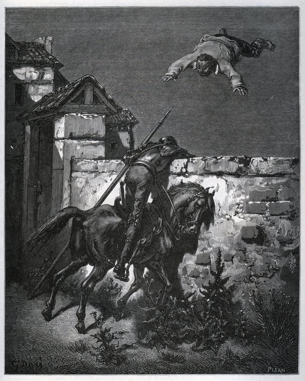 Sancho Panza tulee huijatuksi, eikä Don Quijote voi puuttua asiaan - Miguel Cervantesin (1547-1616) "Don Quijote de la Mancha" (Don Quijote) - Gustave Doren piirtämän puupiirros tekijältä Gustave Dore