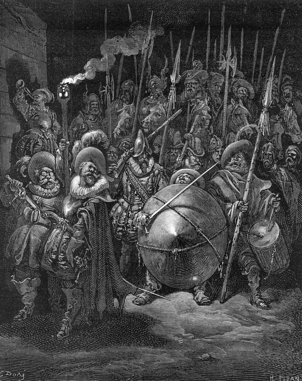 Sancho ja ritarit, Miguel Cervantesin "Don Quijote de la Mancha", kaiverrus Heliodore Joseph Pisan, n. 1875 tekijältä Gustave Dore