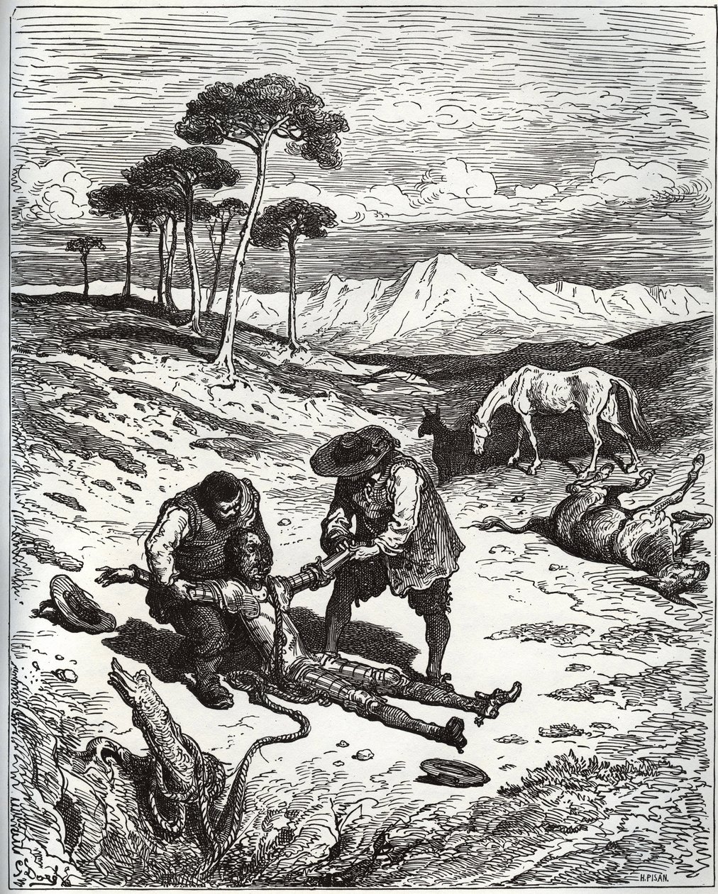 Sancho ja serkku vetävät Don Quijoten (nukkumassa) Montesinoksen luolasta - Miguel Cervantesin (1547-1616) "Don Quijote de la Manchasta" (Don Quijote) - Gustave Doren piirtämän puupiirros tekijältä Gustave Dore