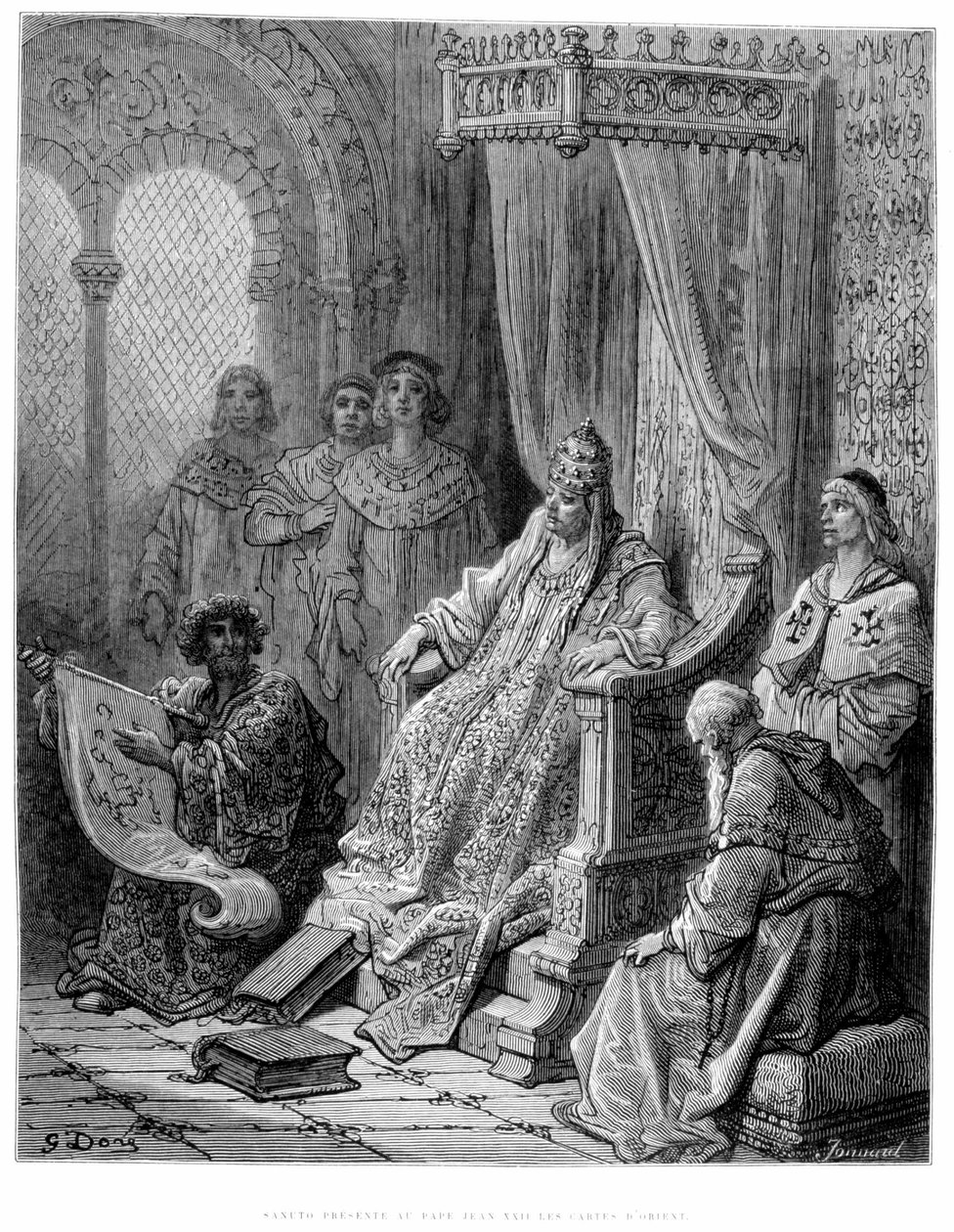 Sanuto esittelee paavi Johannes XXII:lle Idän kartat – Gustave Dorén kaiverrus tekijältä Gustave Dore