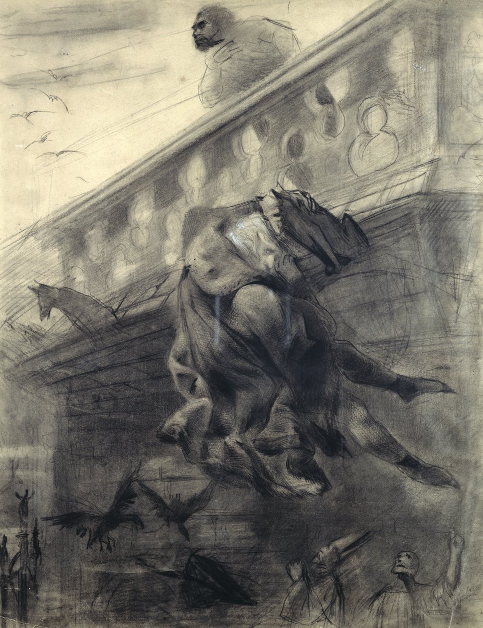 Kohtaus Victor Hugon (1802-85) Notre-Dame de Parisista (kynä ja liitu paperille) tekijältä Gustave Dore