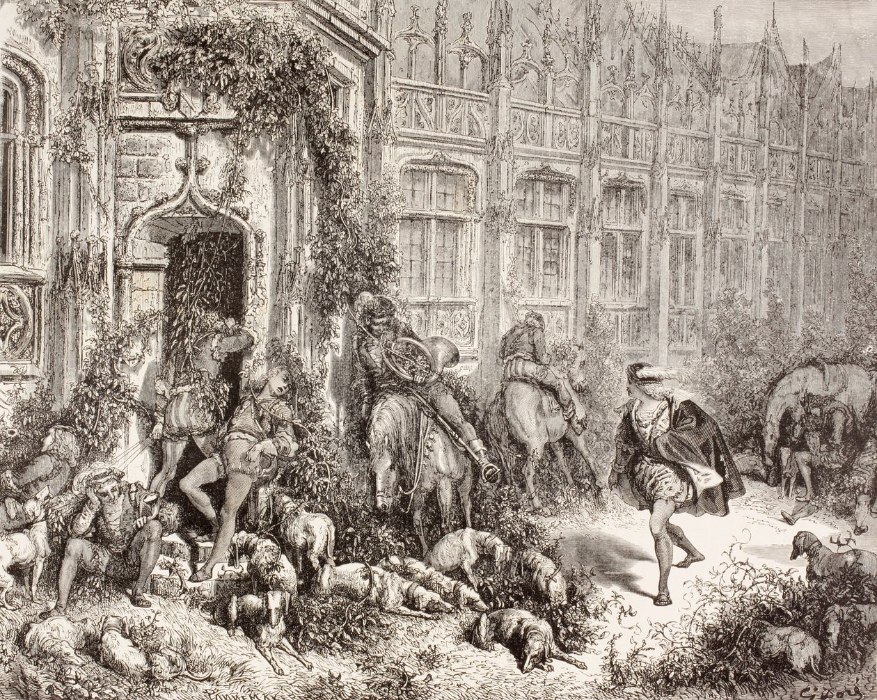 Kohtaus Charles Perraultin Prinsessa olevasta kaunotaresta. El Mundo Ilustradosta, julkaistu Barcelonassa, noin 1880. tekijältä Gustave Dore