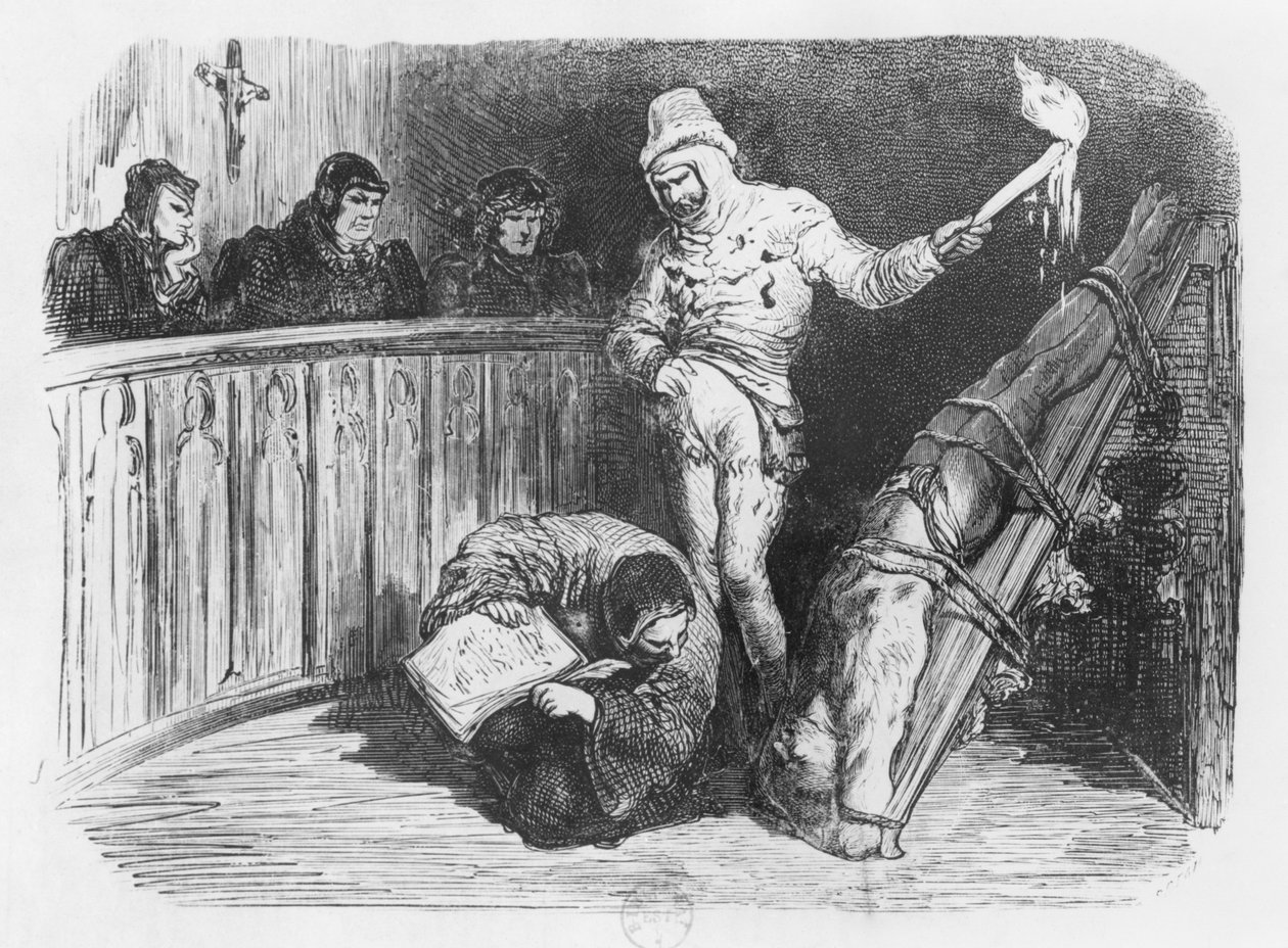 Inkvisition kohtaus, kuvitus Michel Eyquem de Montaignen (1533-92) "Essistä" (kaiverrus) (bw kuva) tekijältä Gustave Dore